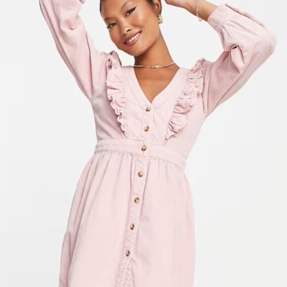 Miss Selfridge petite ruffle yolk corduroy dress in pink - Picture 3 of 6